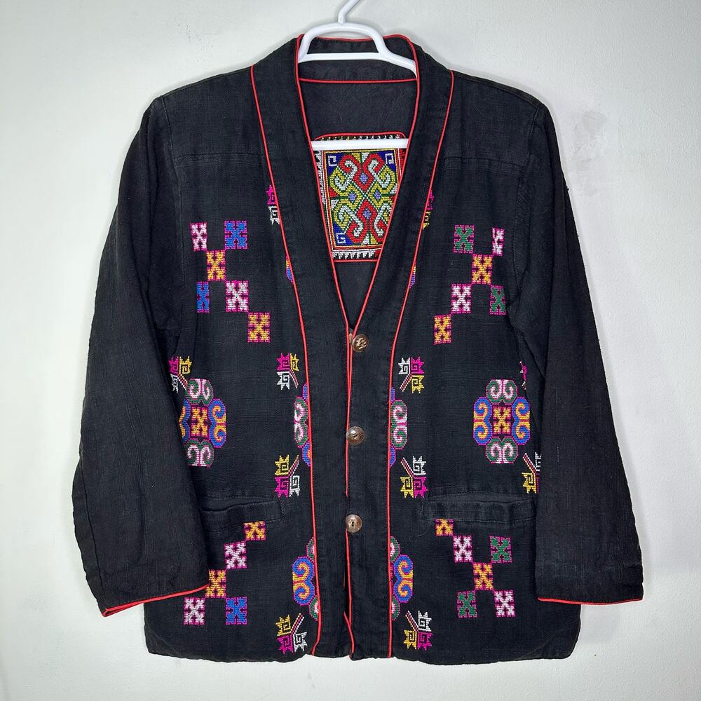 Vintage Embroidered Jacket Black Kimono Women's XL Reversible Cotton Blend Boho‎ - Picture 2 of 11